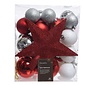Decoris Kerstballen mixbox met piek 33-delig | rood met zilver | kunststof/onbreekbaar | diverse maten