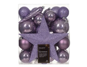 Kerstballen mixbox met piek 33-delig | kristal lila | kunststof/onbreekbaar | diverse maten
