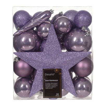 Kerstballen mixbox met piek 33-delig | kristal lila | kunststof/onbreekbaar | diverse maten