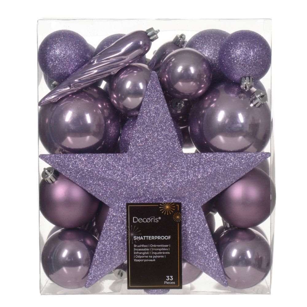 Kerstballen mixbox met piek 33-delig | kristal lila | kunststof/onbreekbaar | diverse maten