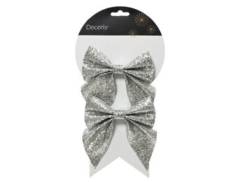 Kerststrik | polyester | zilver/glitters | set van 2 | 12cm