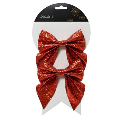 Kerststrik | polyester | rood/glitters | set van 2 | 13cm