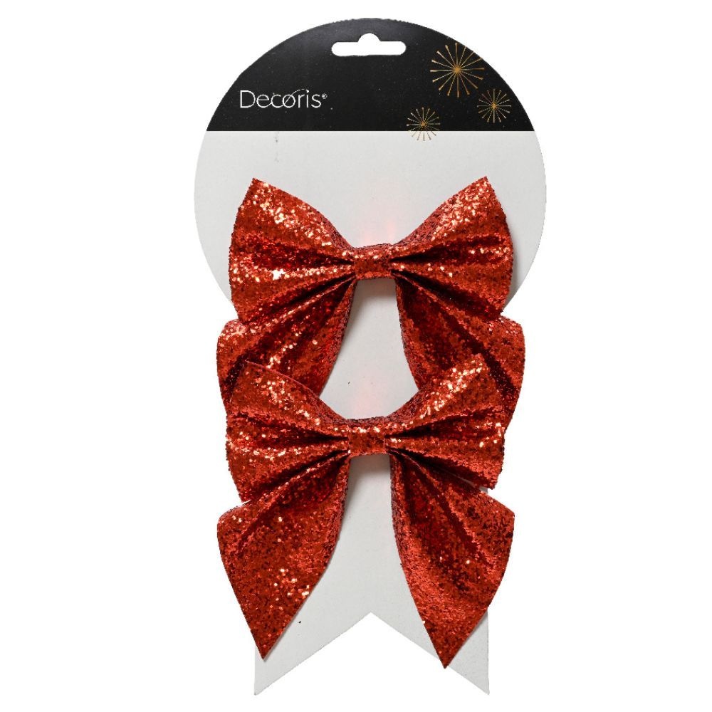 Kerststrik | polyester | rood/glitters | set van 2 | 13cm
