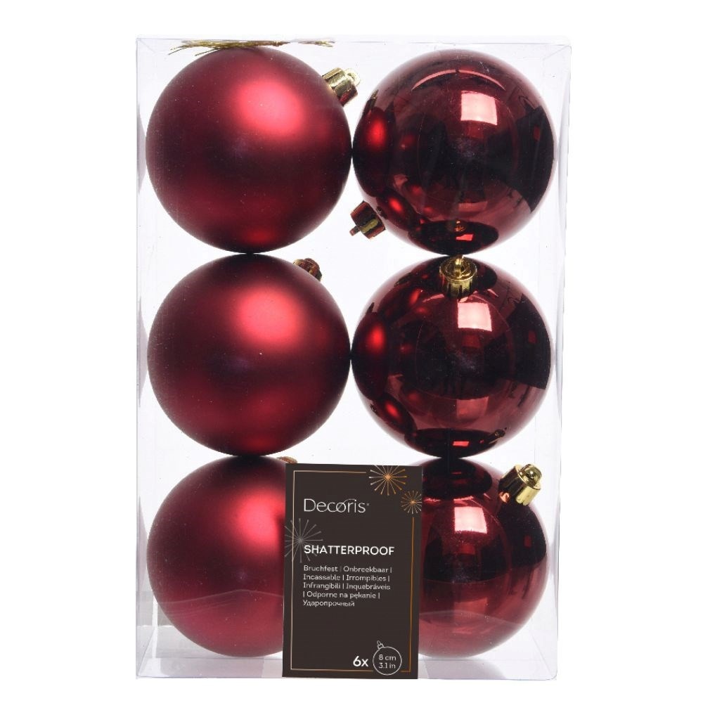 Kerstballen set 6-delig | ossenbloed | kunststof/onbreekbaar | 8cm