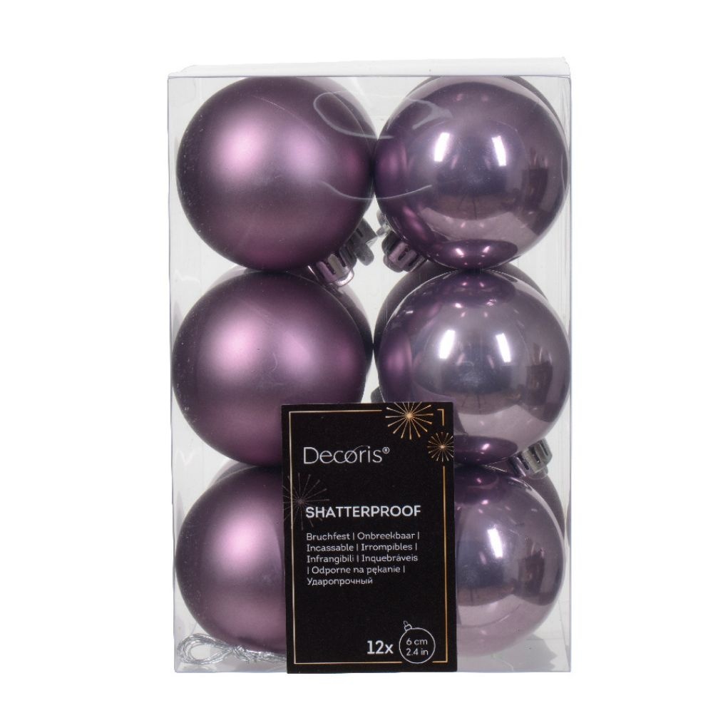 Kerstballen set 12-delig | kristal lila | kunststof/onbreekbaar | 6cm