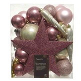 Kerstballen mixbox met piek 33-delig | roze en goud | kunststof/onbreekbaar | diverse maten