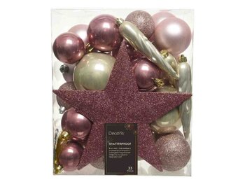Kerstballen mixbox met piek 33-delig | roze en goud | kunststof/onbreekbaar | diverse maten