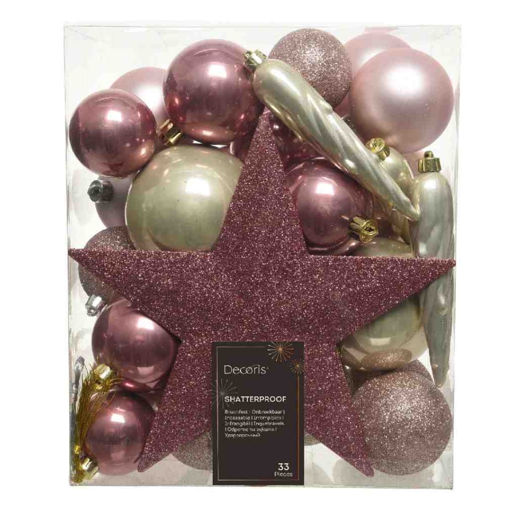 Kerstballen mixbox met piek 33-delig | roze en goud | kunststof/onbreekbaar | diverse maten