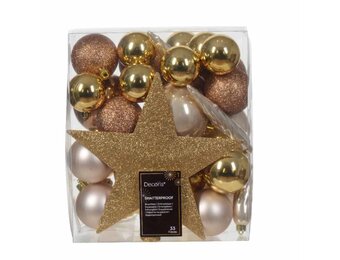 Kerstballen mixbox met piek 33-delig | bruin | kunststof/onbreekbaar | diverse maten