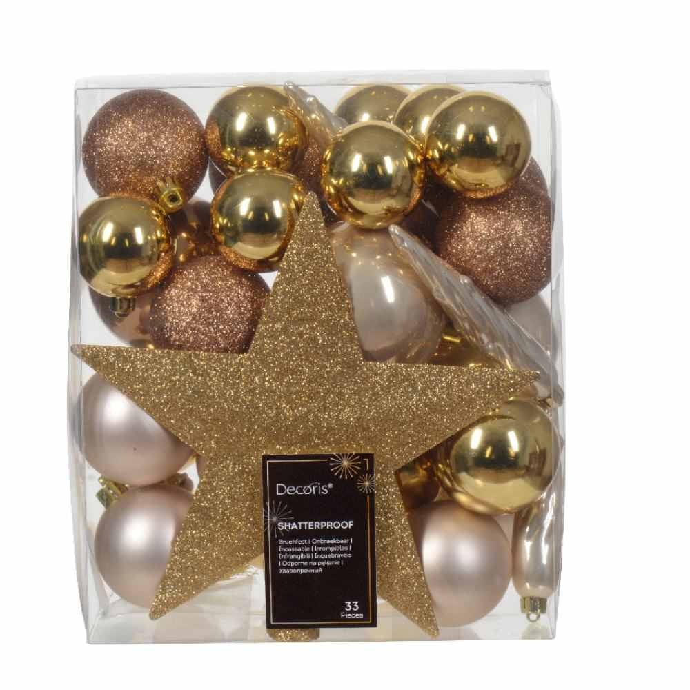 Kerstballen mixbox met piek 33-delig | bruin | kunststof/onbreekbaar | diverse maten