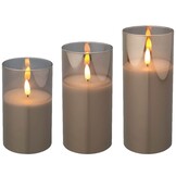LED kaarsen set van 3 | glas & wax | rookgrijs/warm wit | ø7,5x17,5 / 15 / 12,5cm