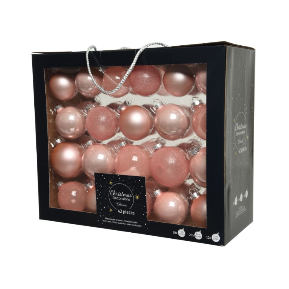 Kerstballen set 42-delig | glas | poederroze | diverse maten