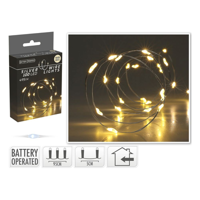 Kerstverlichting zilverdraad | 100 LED lampjes | warm wit | op batterijen | 5 meter