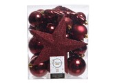 Kerstballen mixbox met piek 33-delig | ossenbloed | kunststof/onbreekbaar | diverse maten
