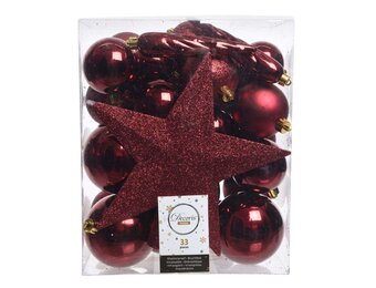Kerstballen mixbox met piek 33-delig | ossenbloed | kunststof/onbreekbaar | diverse maten