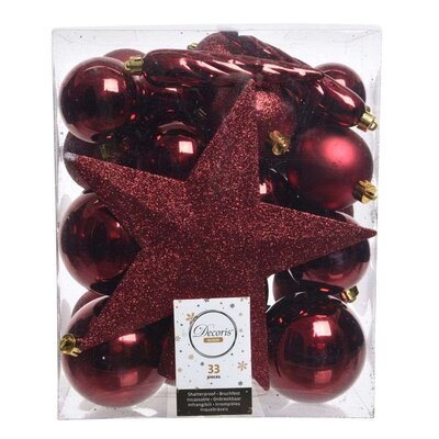 Kerstballen mixbox met piek 33-delig | ossenbloed | kunststof/onbreekbaar | diverse maten