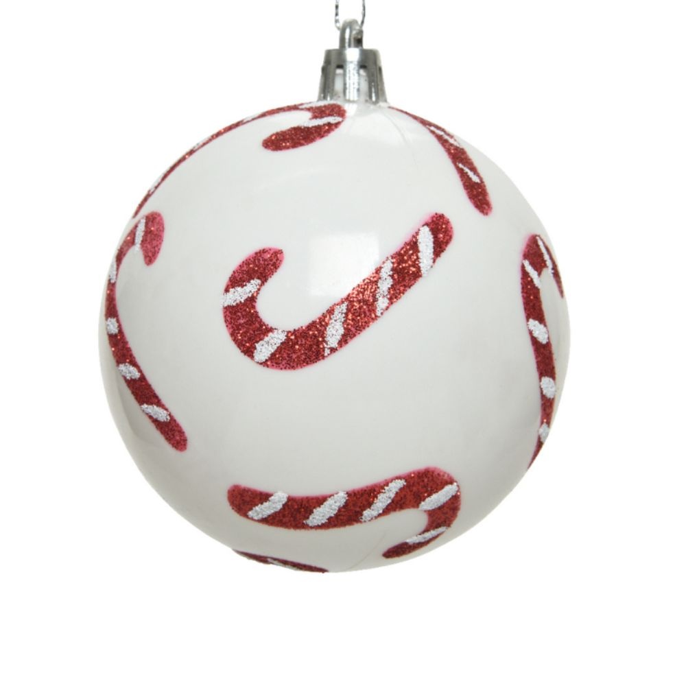 Gedecoreerde kerstbal ø8cm | onbreekbaar | winterwit met zuurstokken