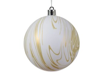 Gedecoreerde kerstbal ø8cm | onbreekbaar | winterwit met gouden strepen