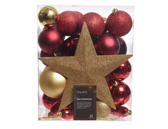 Kerstballen mixbox met piek 33-delig | goud met rood | kunststof/onbreekbaar | diverse maten