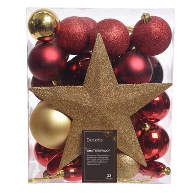 Kerstballen mixbox met piek 33-delig | goud met rood | kunststof/onbreekbaar | diverse maten