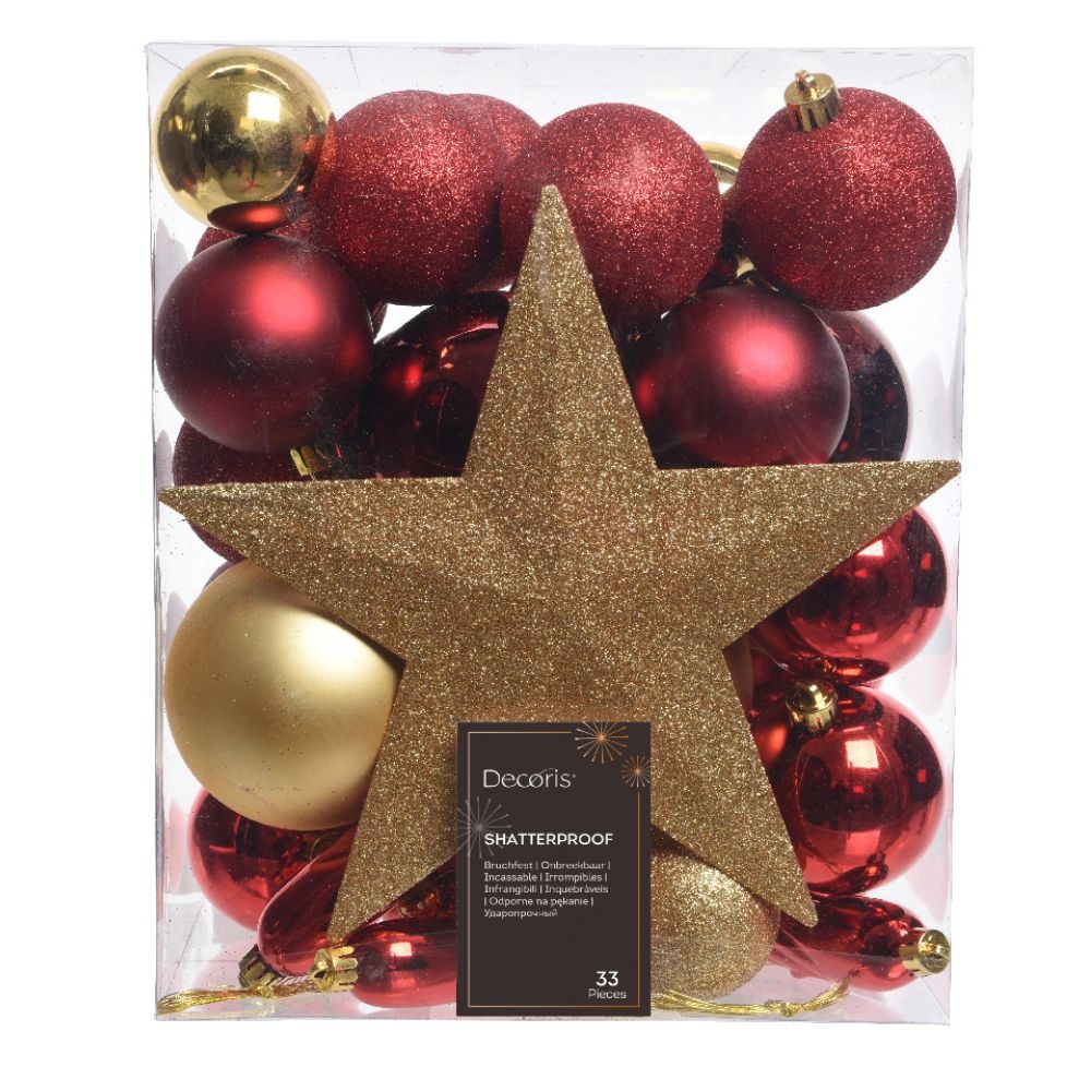 Kerstballen mixbox met piek 33-delig | goud met rood | kunststof/onbreekbaar | diverse maten