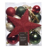 Kerstballen mixbox met piek 33-delig | rood, groen en goud | kunststof/onbreekbaar | diverse maten
