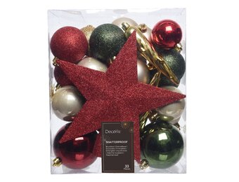 Kerstballen mixbox met piek 33-delig | rood, groen en goud | kunststof/onbreekbaar | diverse maten