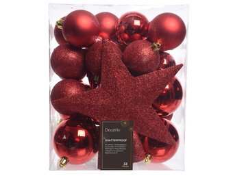 Kerstballen mixbox met piek 33-delig | kerstrood | kunststof/onbreekbaar | diverse maten