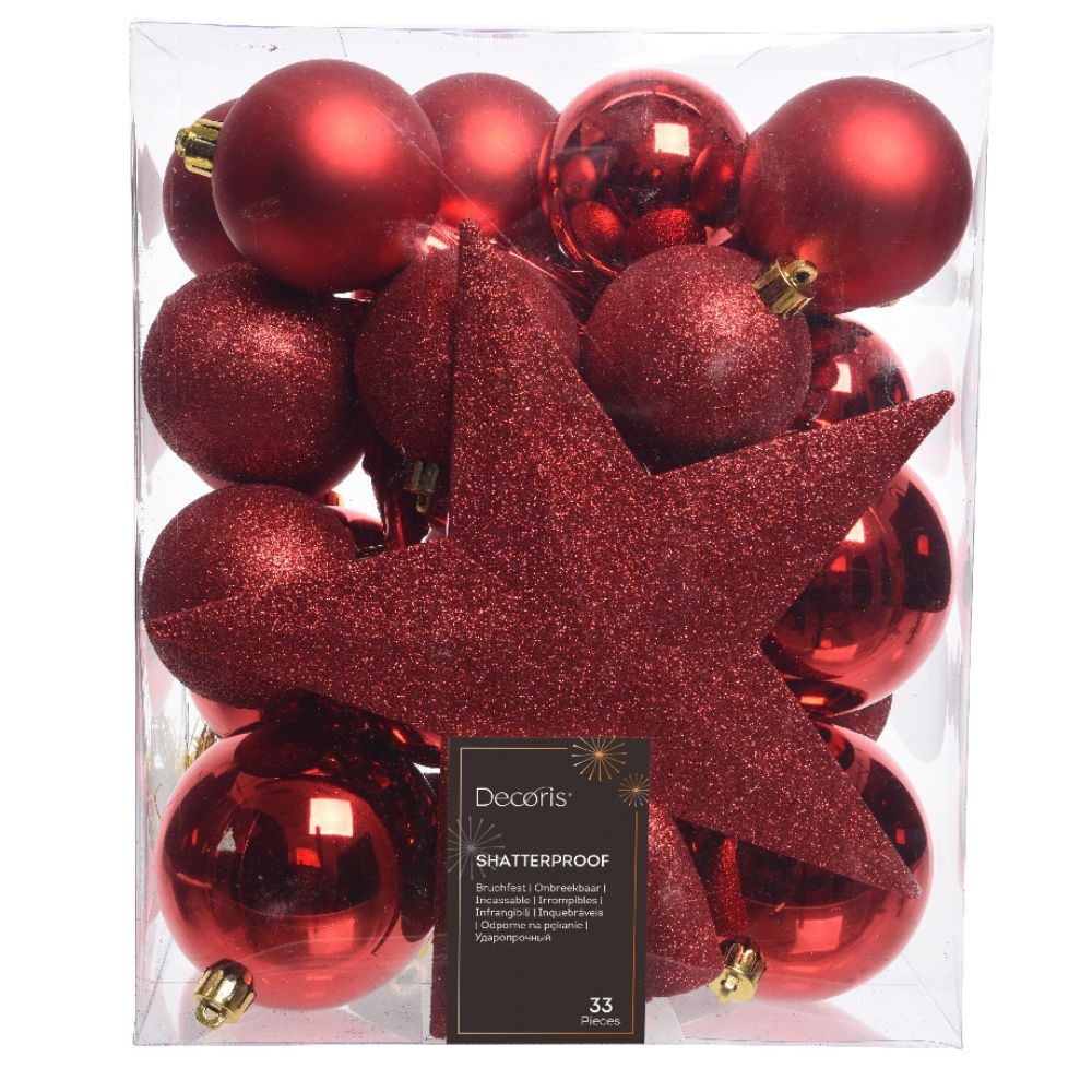 Kerstballen mixbox met piek 33-delig | kerstrood | kunststof/onbreekbaar | diverse maten