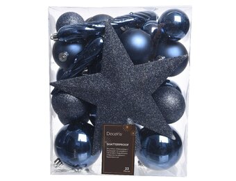 Kerstballen mixbox met piek 33-delig | nachtblauw | kunststof/onbreekbaar | diverse maten