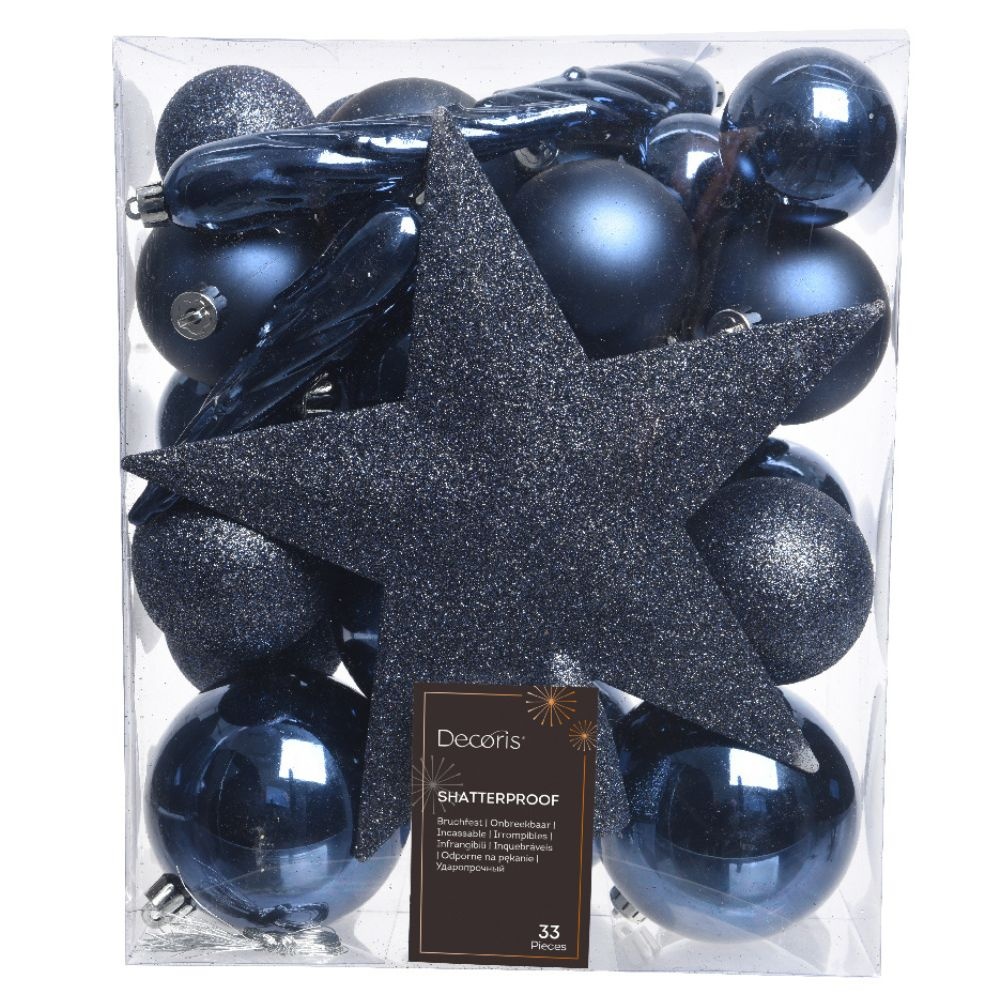 Kerstballen mixbox met piek 33-delig | nachtblauw | kunststof/onbreekbaar | diverse maten