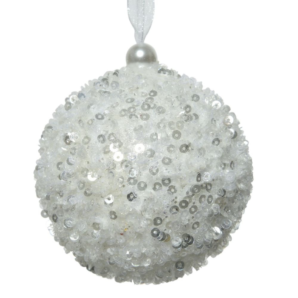 Gedecoreerde kerstbal ø8cm | foam | winterwit met pailletes