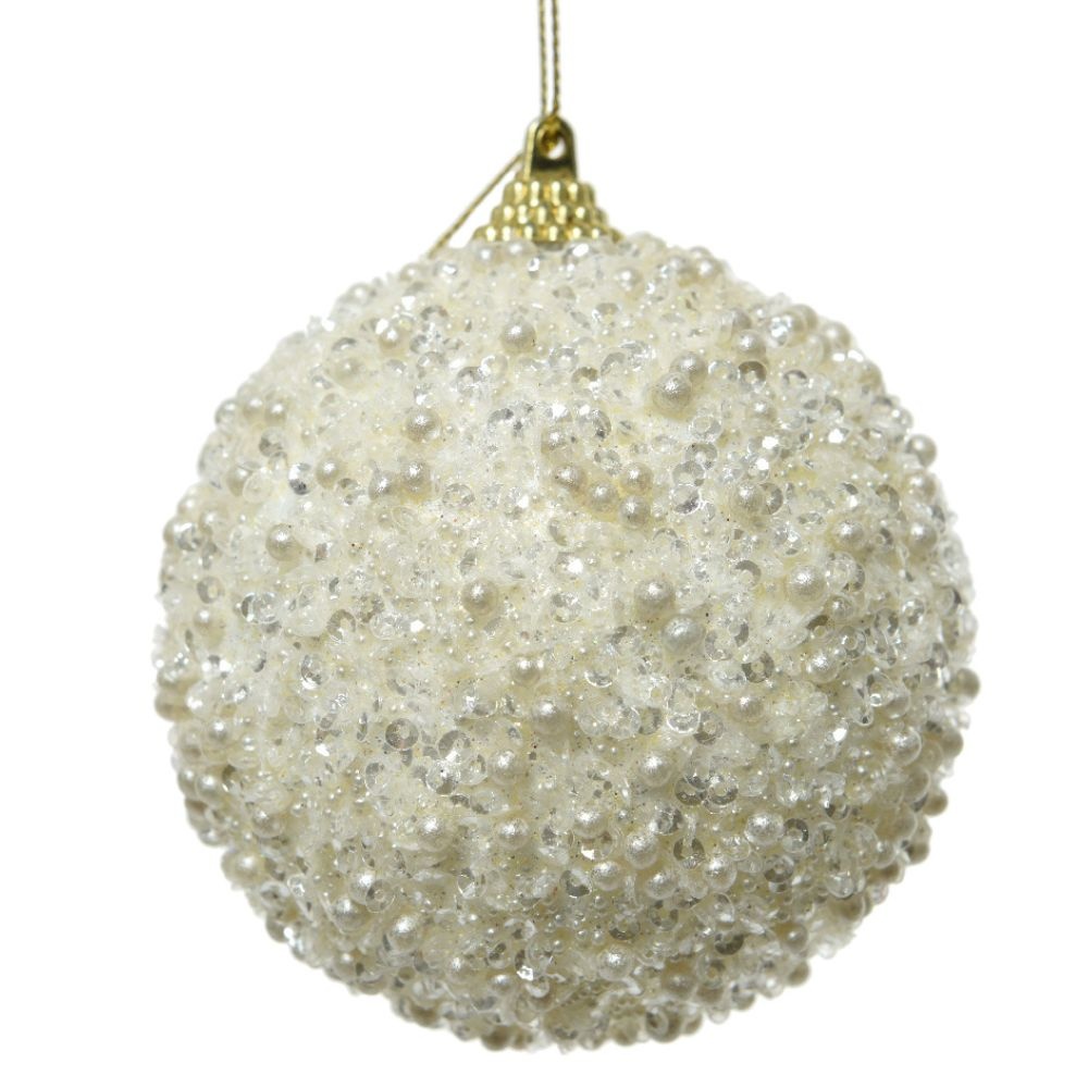 Gedecoreerde kerstbal ø8cm | foam | wolwit met kralen en glitters