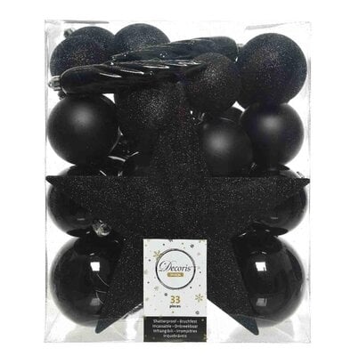Kerstballen mixbox met piek 33-delig | zwart | kunststof/onbreekbaar | diverse maten