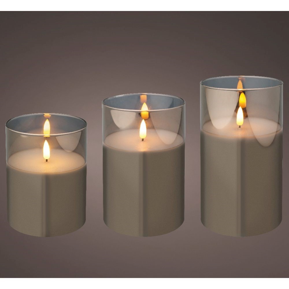 LED kaarsen set van 3 | glas & wax | rookgrijs/warm wit | ø10x17,5 / 15 / 12,5cm