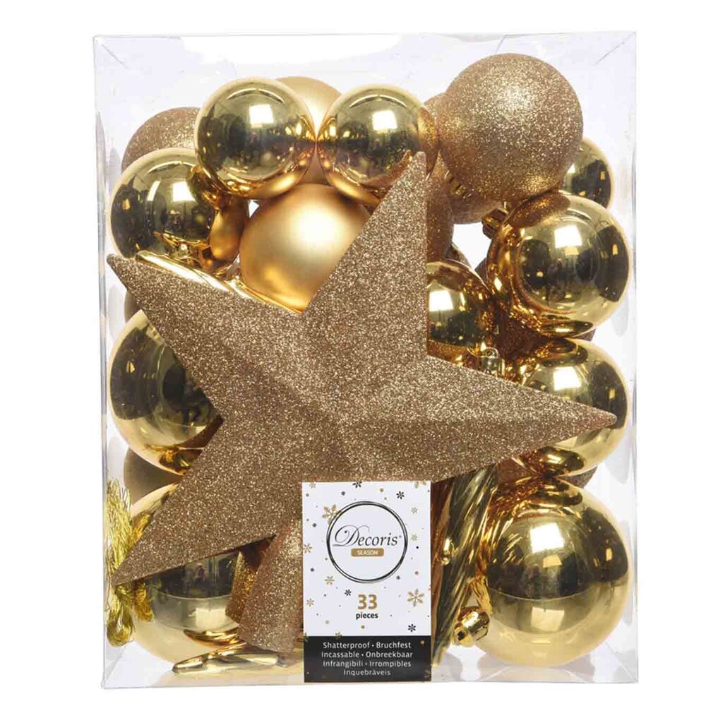 Kerstballen mixbox 33delig licht goud diverse maten Kerstland.nl