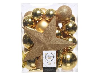 Kerstballen mixbox met piek 33-delig | licht goud | kunststof/onbreekbaar | diverse maten