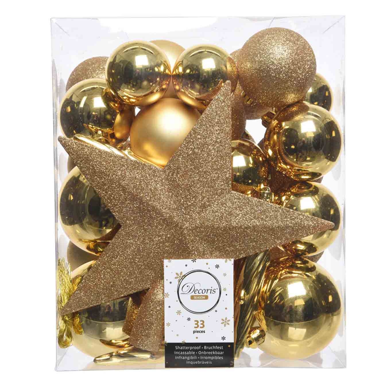 Kerstballen mixbox met piek 33-delig | licht goud | kunststof/onbreekbaar | diverse maten