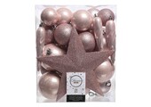 Kerstballen mixbox met piek 33-delig | poederroze | kunststof/onbreekbaar | diverse maten