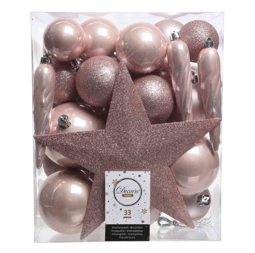 Kerstballen mixbox 33-delig | kunststof/onbreekbaar | poederroze | diverse maten