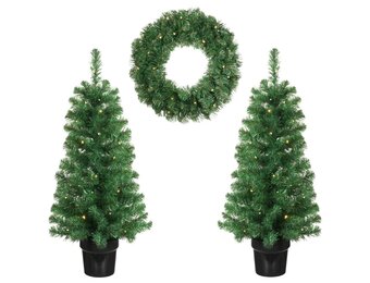 Norton twee kerstboompjes + krans 90xø45cm | groen met 160 LED lampjes | set van 3 | voordeur versiering