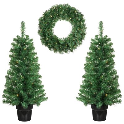 Norton twee kerstboompjes + krans 90xø45cm | groen met 160 LED lampjes | set van 3 | voordeur versiering