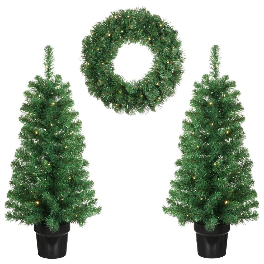 Norton twee kerstboompjes + krans | groen met LED lampjes | set van 3