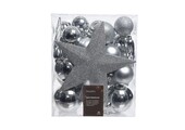 Kerstballen mixbox met piek 33-delig | zilver | kunststof/onbreekbaar | diverse maten