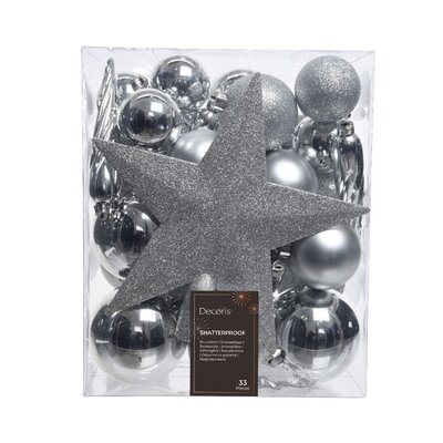 Kerstballen mixbox met piek 33-delig | zilver | kunststof/onbreekbaar | diverse maten