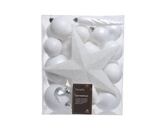 Kerstballen mixbox met piek 33-delig | winterwit | kunststof/onbreekbaar | diverse maten