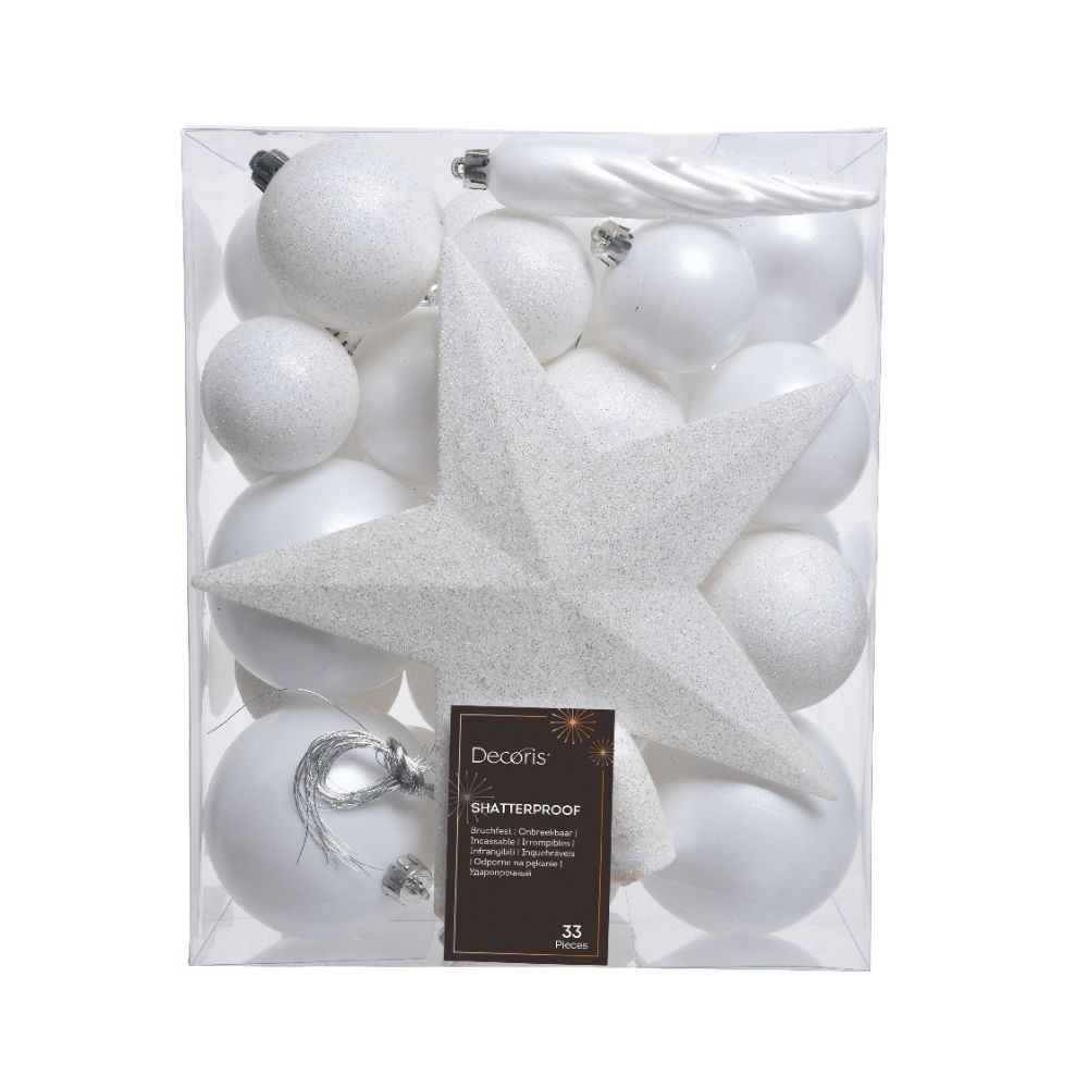 Kerstballen mixbox met piek 33-delig | winterwit | kunststof/onbreekbaar | diverse maten