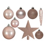 Kerstballen mixbox met piek 33-delig | poederroze | kunststof/onbreekbaar | diverse maten