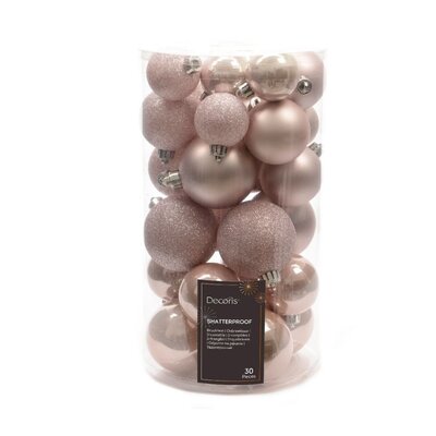 Kerstballen set 30-delig | kunststof/onbreekbaar | poederroze | diverse maten