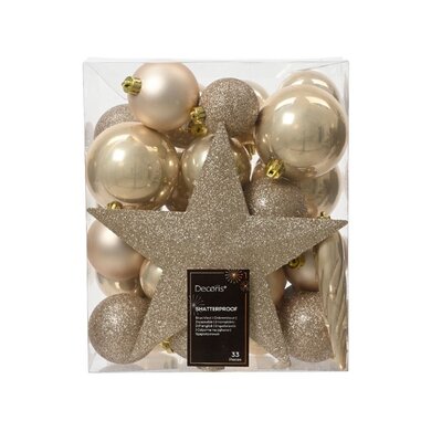 Kerstballen mixbox met piek 33-delig | parel | kunststof/onbreekbaar | diverse maten